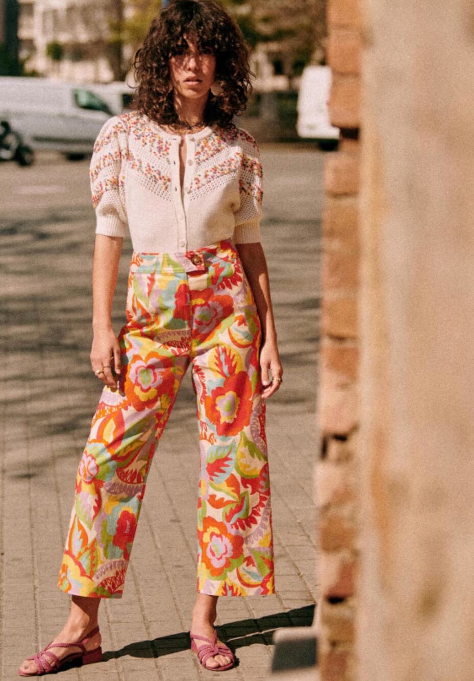 Sezane Jefferson 70s Ditsies Colorful Groovy Linen Pants Size 34/US 2